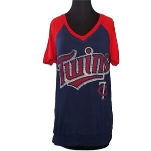Minnesota Twins Ladies Medium V Neck Short Sleeve T Shirt Blue Red Baseball TC